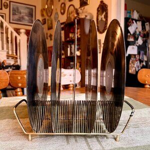 Vintage Mid-Century Modern Golden Metal Wire Vinyl Record Storage Rack